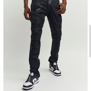 Reason Wax Coated Shiny Men's Black Distressed Jeans